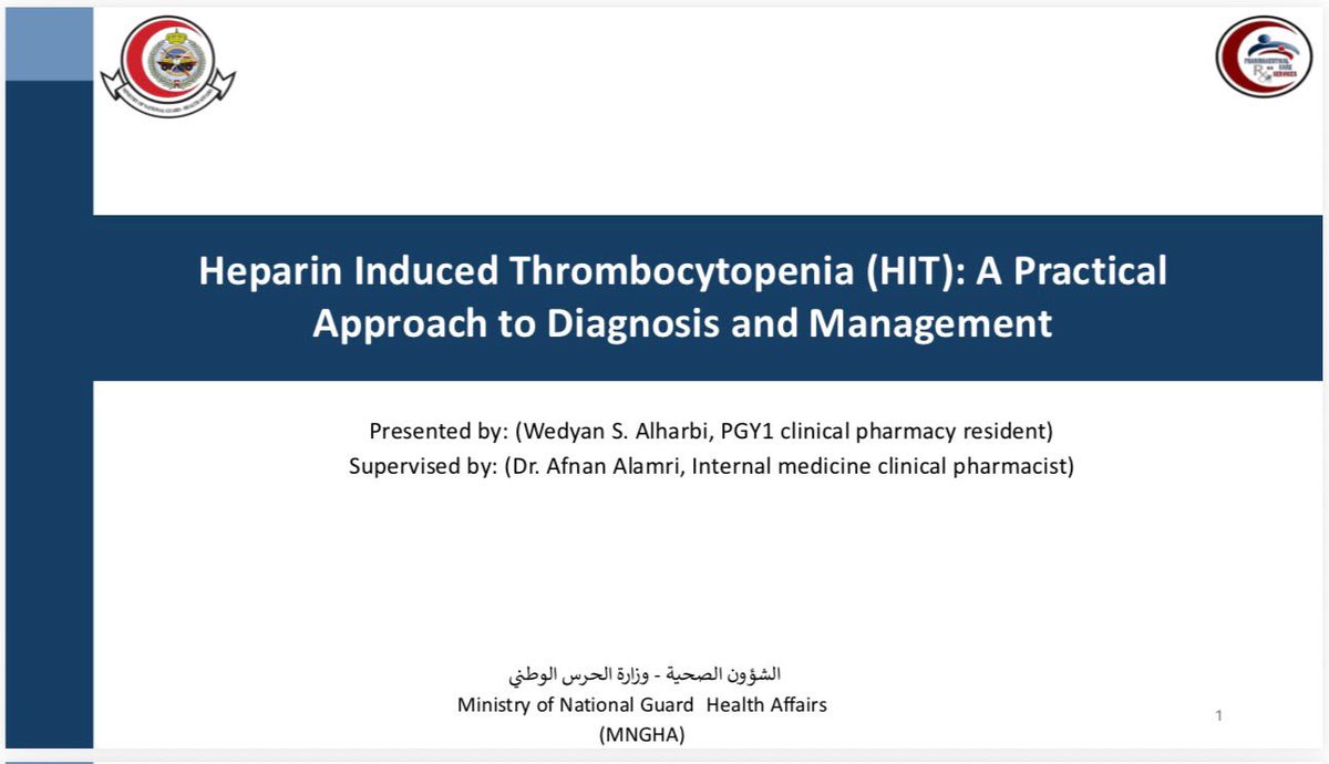 PGYpharmacy's tweet photo. Another great CE session delivered by our R2 Clinical Pharmacy Resident, Dr. Wedyan Alharbi, on “Heparin-Induced Thrombocytopenia (HIT): A Practical Approach to Diagnosis and Management.”

Thank you for an engaging and well-structured presentation. https://t.co/5W3t3Utinr