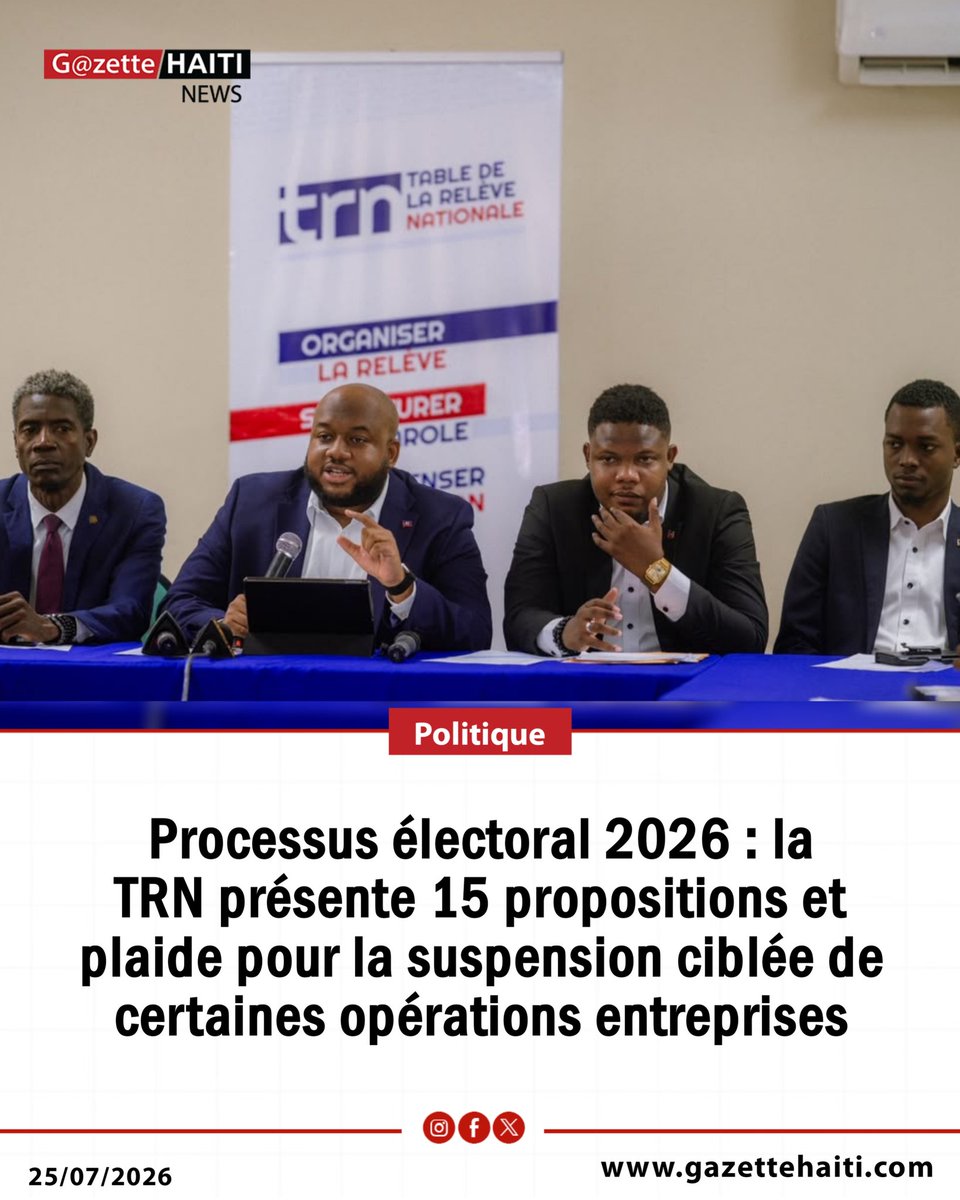 GazetteHaiti's tweet photo. Processus électoral 2026 : la TRN présente 15 propositions et plaide pour la suspension ciblée de certaines opérations entreprises

Cliquez sur ce lien pour lire cet article ⬇️
https://t.co/wBMyxdqCXs https://t.co/PSkFXDgHxY