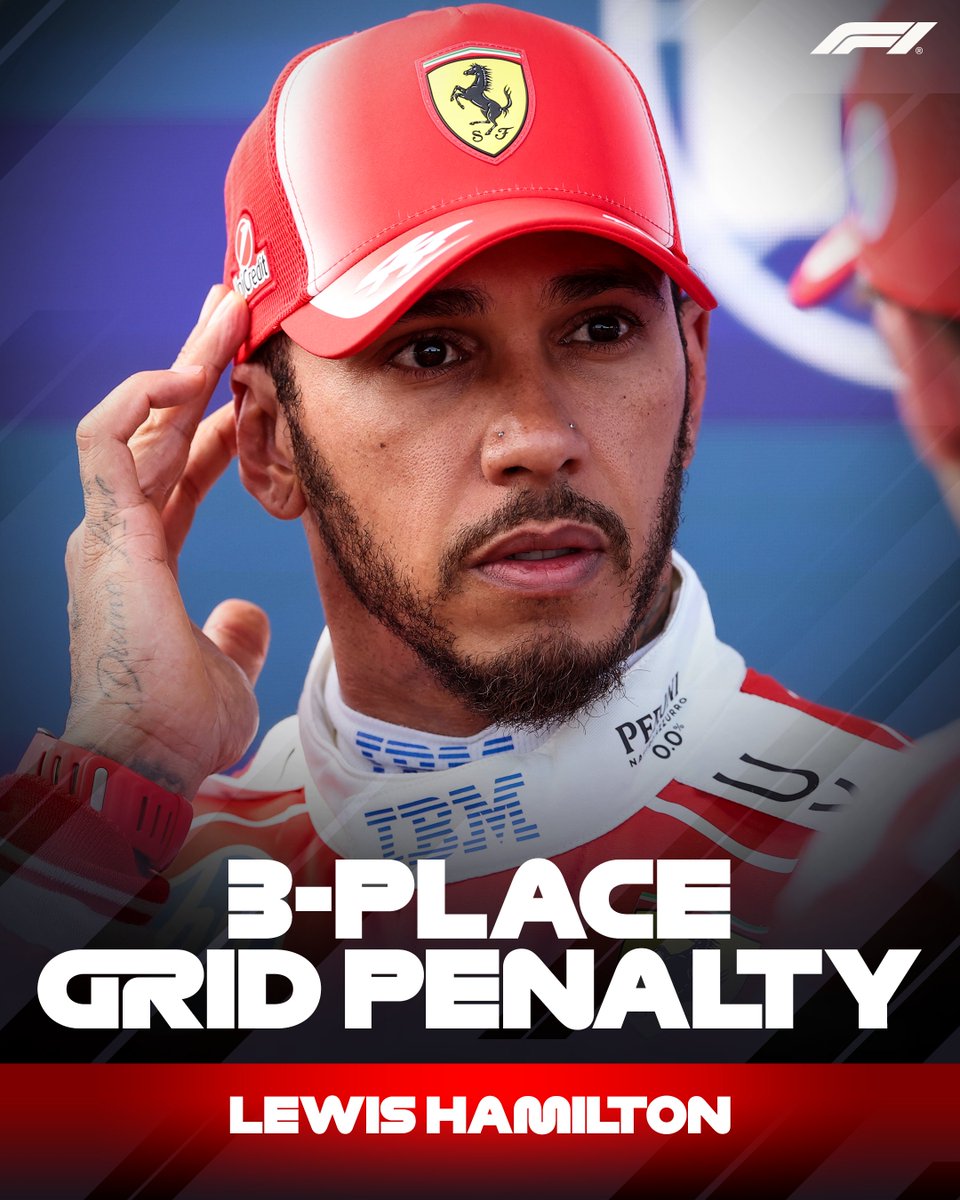 F1's tweet photo. Lewis Hamilton handed a three-place grid penalty for "unnecessarily impeding" Oscar Piastri during Q3 

He'll start Sunday's Grand Prix from P5 on the grid

#F1 #HungarianGP https://t.co/Rt7ST2AFd3
