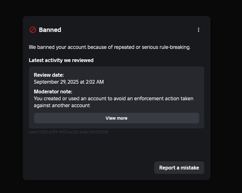 HelloItsVG's tweet photo. Roblox still hasn’t fixed the broken enforcement ban system.

>Thousands of us have submitted 1,000+ appeals.
>Every single one gets auto-rejected. 
>No human ever looks at them.

This is destroying creators and groups for no reason.

I’ll keep pushing Roblox until real humans start reviewing these cases.