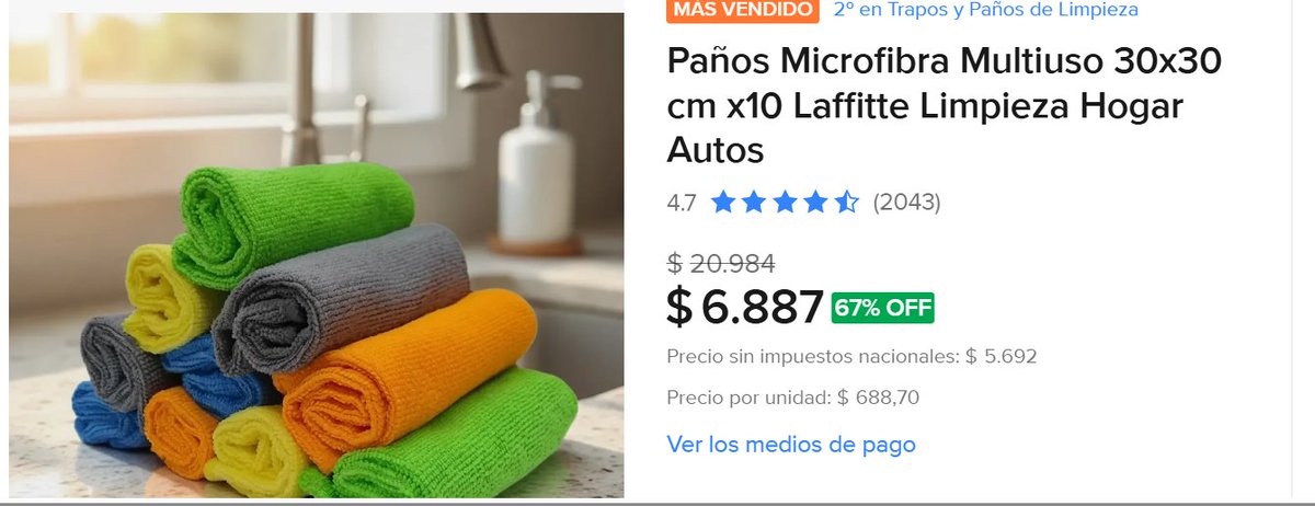 AhorrandoconRob's tweet photo. ¡67% OFF EN UNO DE LOS PAÑOS DE MICROFIBRA MÁS VENDIDOS!
https://t.co/CwOx3eUO8v
 Pack x10 Paños Microfibra Laffitte 30x30 cm.
💸 Antes $20.984.
🔥 Ahora $6.887.
💰 Ahorrás $14.097.
⭐ 4,7/5 con 2.043 opiniones. https://t.co/evhGifYf0O