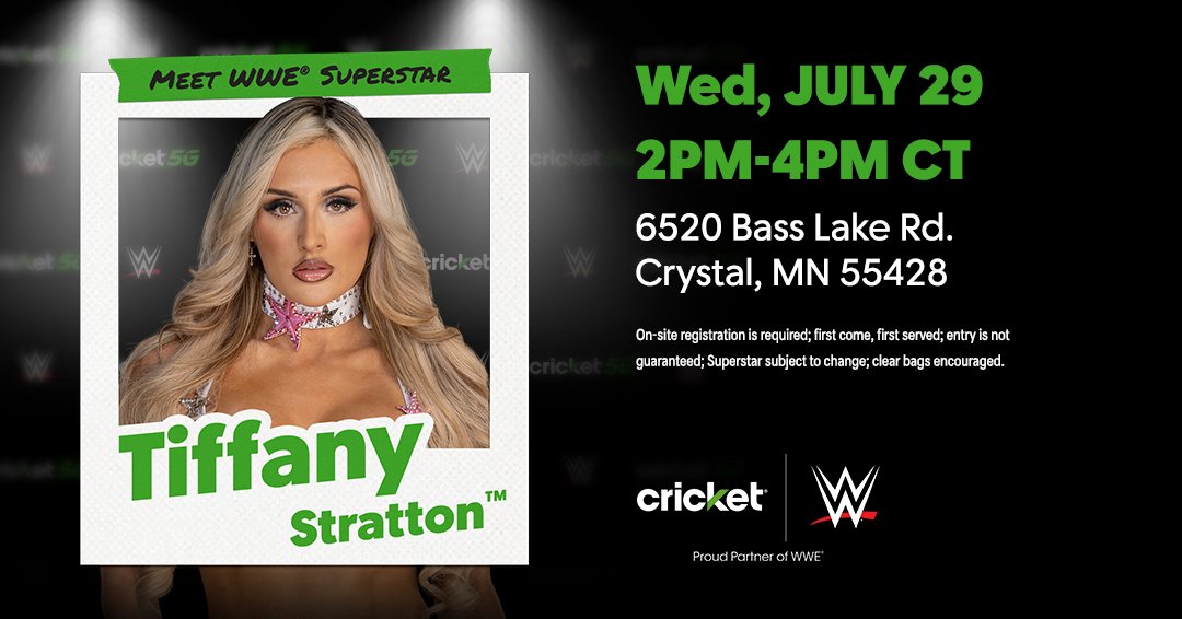 Cricketnation's tweet photo. You guessed it! It's @tiffstrattonwwe! Perfect timing ahead of WWE's Biggest Party of the Summer #SummerSlam. Get in line early on Wednesday, July 29. See you there! https://t.co/ZyZiuqNWh7