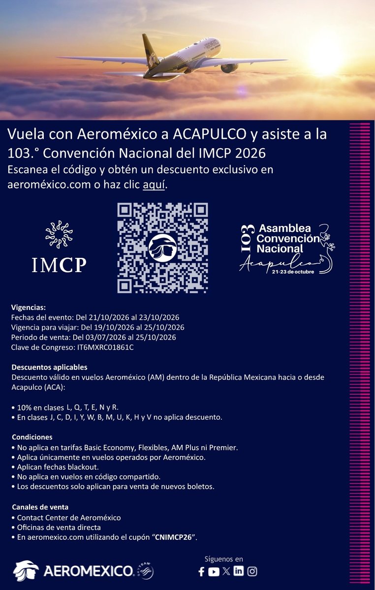 IMCP's tweet photo. Vuela con #Aeroméxico a #Acapulco y asiste a la #103Asamblea Convención Nacional del #IMCP. ¡Te esperamos del 21 al 23 de octubre!🌴☀️
Conoce toda la información.👇 https://t.co/kwQo7GnBen