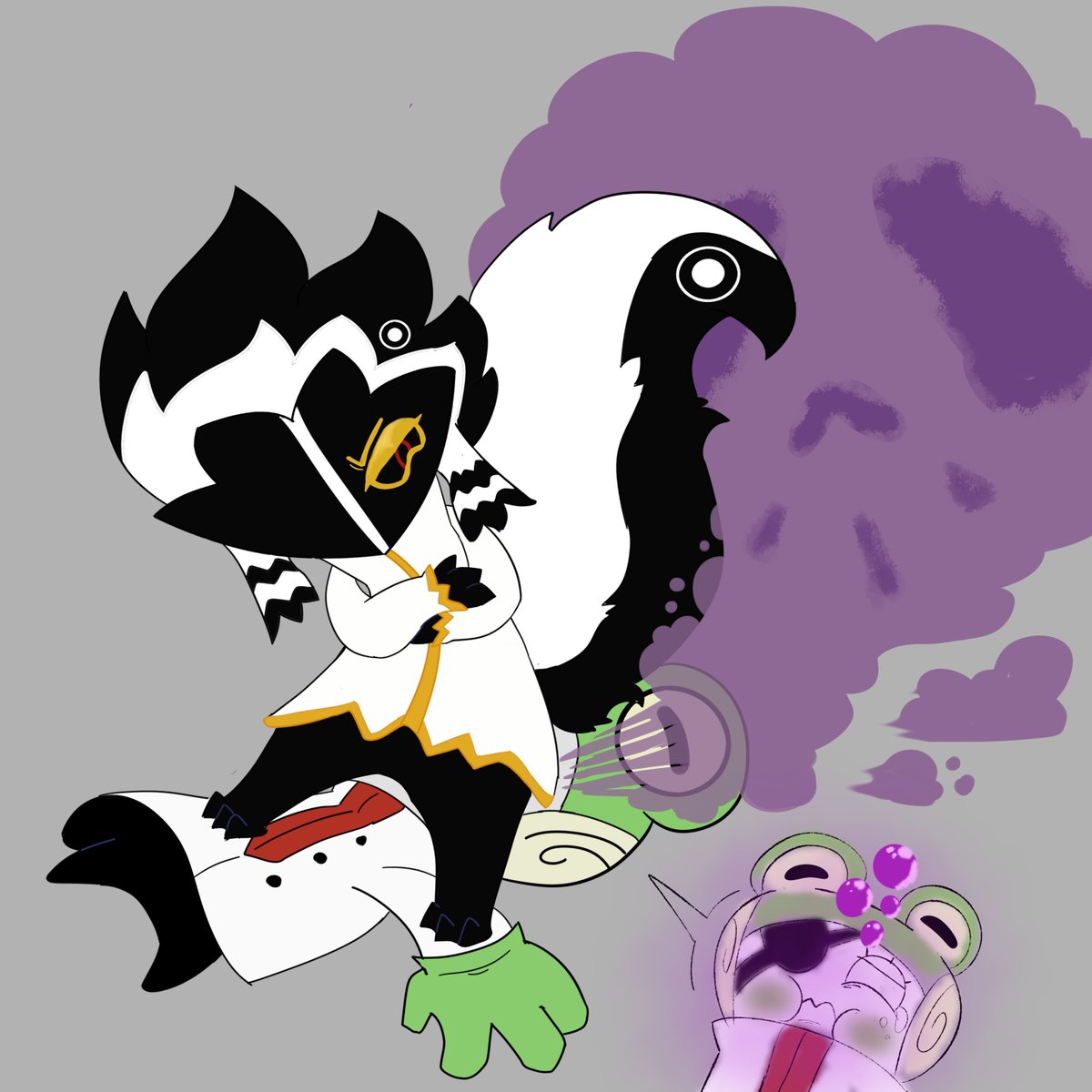 BowBirb's tweet photo. Drew a follow-up to an official artwork I saw of Reek N. Roll getting his tail tugged. You can't tell me he wouldn't stink up someone for that when he has gassed people for less. https://t.co/gbbi0k3qLn