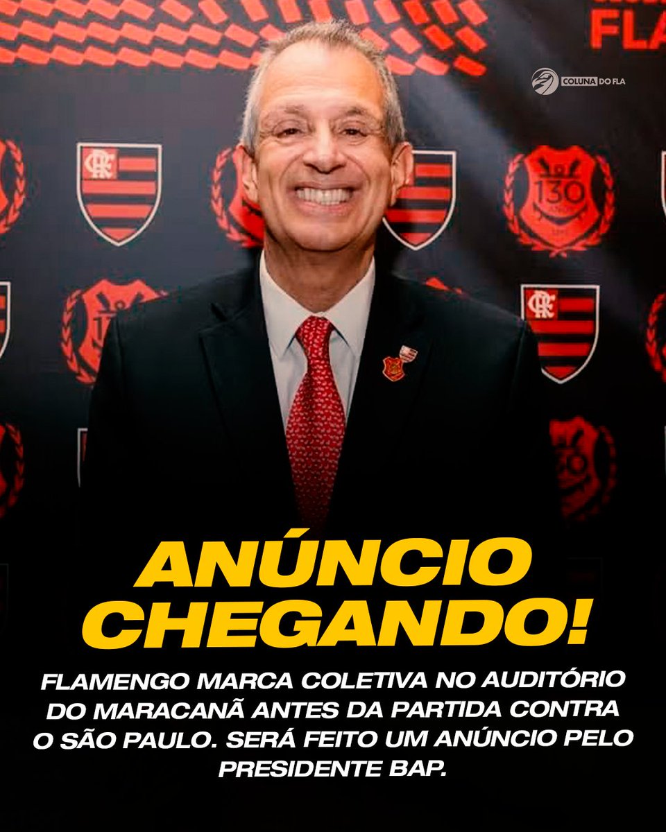 ColunadoFla's tweet photo. O QUE SERÁ? 👀

Flamengo marca coletiva no auditório do Maracanã, antes da partida contra o São Paulo, com presença do presidente BAP.

'Evento' vai acontecer às 16h45, e você vai conferir tudo aqui no Coluna do Fla! 💬 https://t.co/gKv7xZesoR