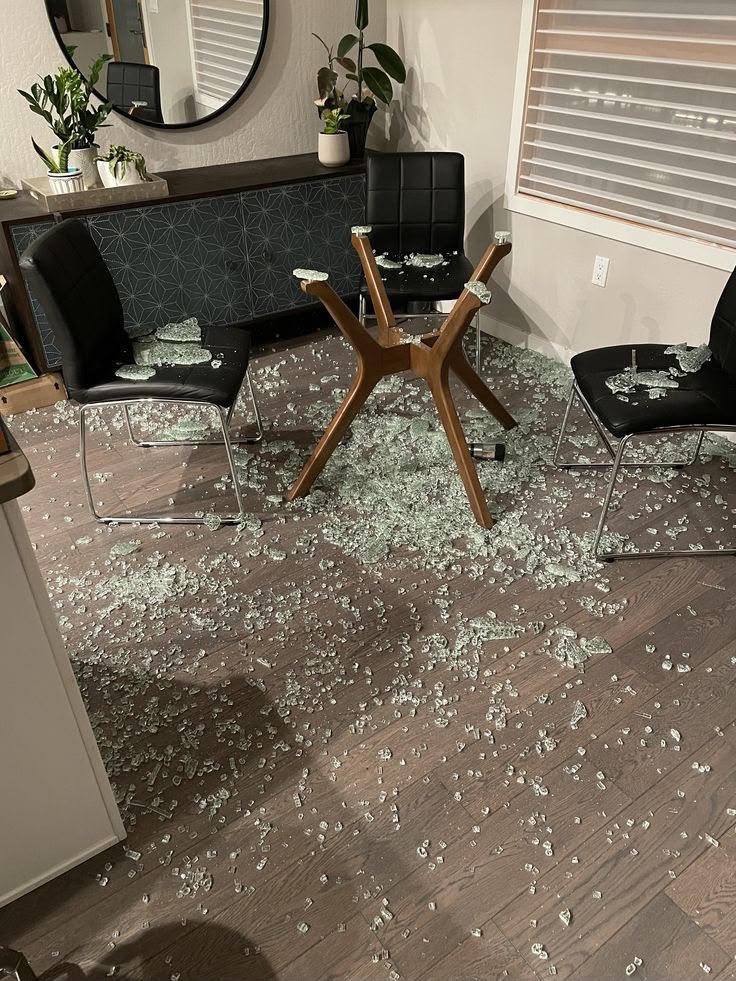 Hinatan8ware's tweet photo. Walked into the dining room and found out my table chose absolute chaos today. Glass shards everywhere. Anyone know a good furniture therapist? 😭🔨 https://t.co/ZsAsQ98FsZ
