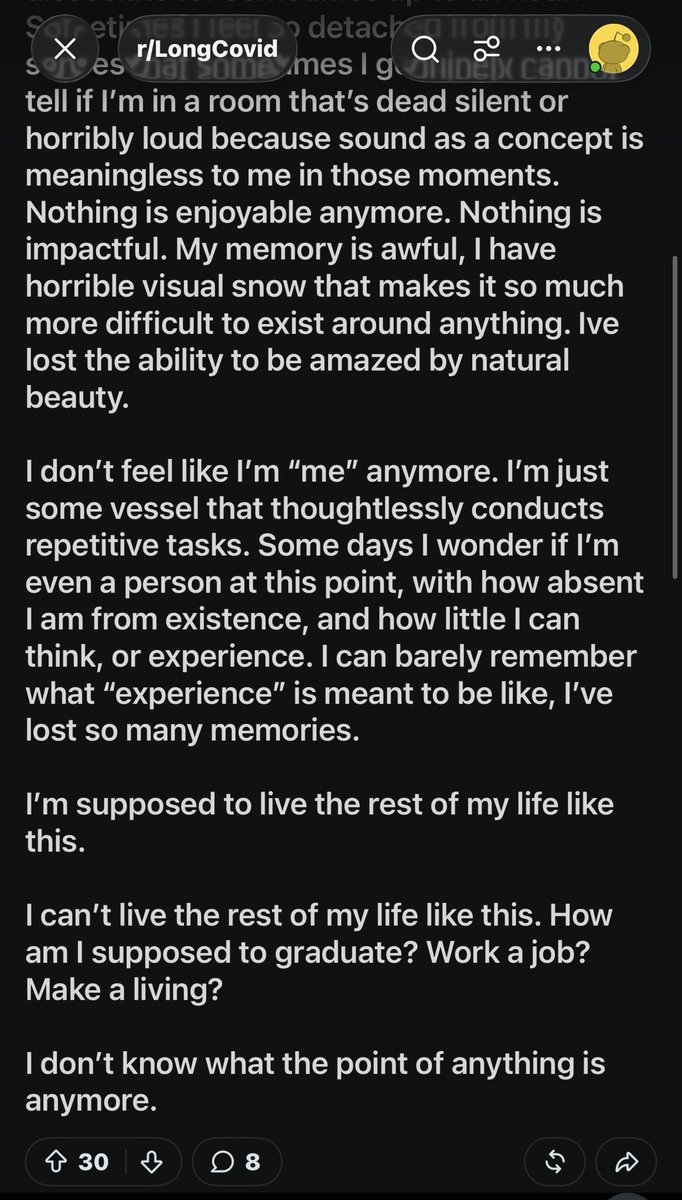envidreamz's tweet photo. 18 year old straight A university student gets Covid 6 months ago and now has severe Long Covid.

Family keeps telling her she just had a cold and she is faking it. She had to withdraw from classes, can't focus, memory gone, dissociation, visual snow.

She is crying for help saying "I can't live the rest of my life like this!" and wondering how she is ever going to graduate.