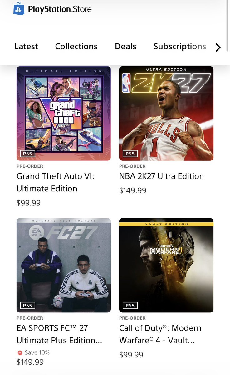 NotiPlay_'s tweet photo. El top actual de la PlayStation Store en varios países es el siguiente:

▫️ GTA 6 Ultimate Edition - $100.
▫️ NBA 2K27 Ultra Edition - $150.
▫️ FC 27 - Ultimate Plus Edition - $150.
▫️ CoD Modern Warfare 4 Vault Edition - $100. https://t.co/6HAwbc8Wtd