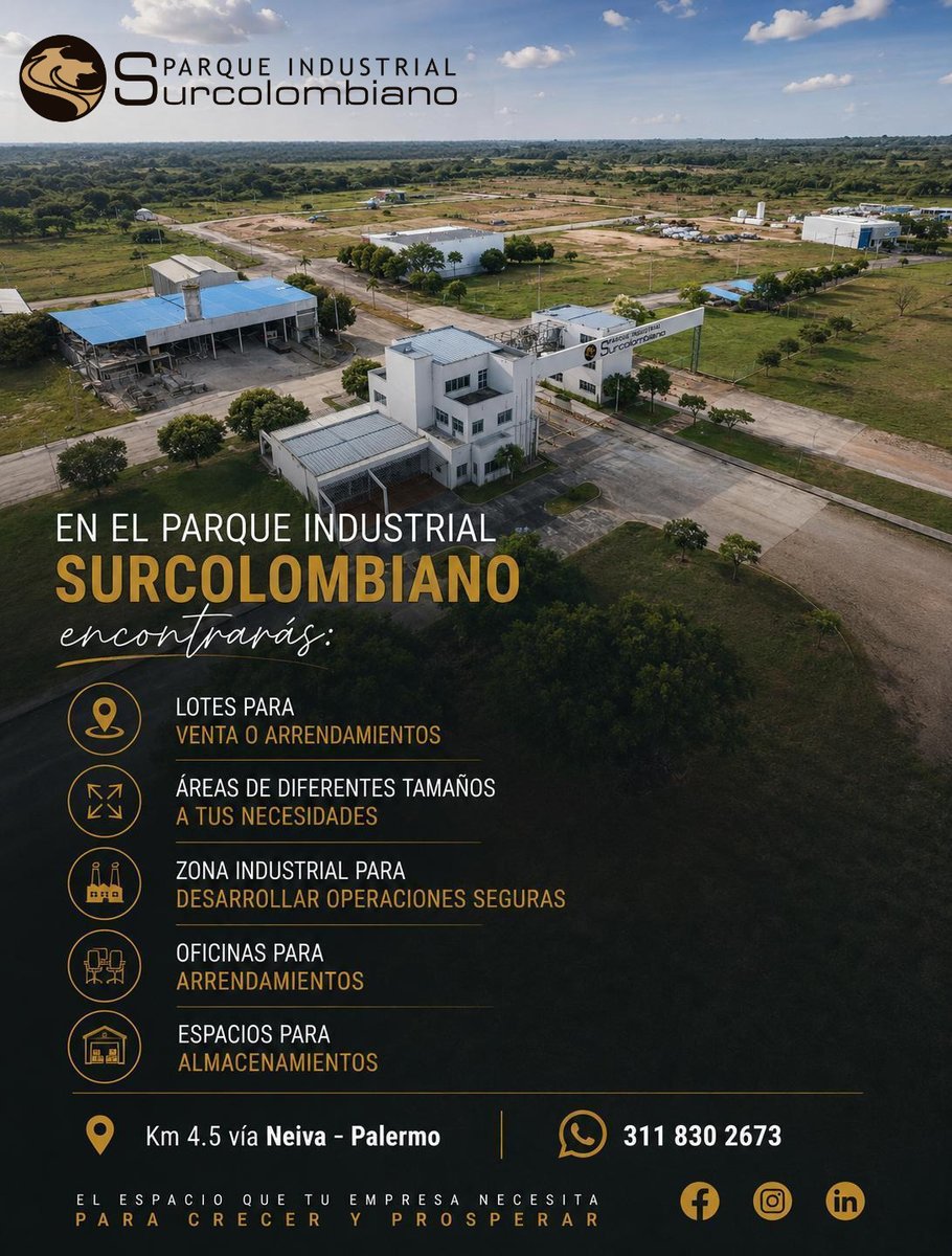 PiSurcolombiano's tweet photo. ¿Buscas el espacio ideal para tu empresa? 🏭

En el Parque Industrial Surcolombiano contamos con:
✅ Lotes en venta y arrendamiento
✅ Oficinas
✅ Bodegas y espacios de almacenamiento
✅ Áreas industriales adaptadas a tus necesidades

📍 Km 4.5 vía Neiva – Palermo
📲 311 830 2673 https://t.co/njcYeQ1R6N
