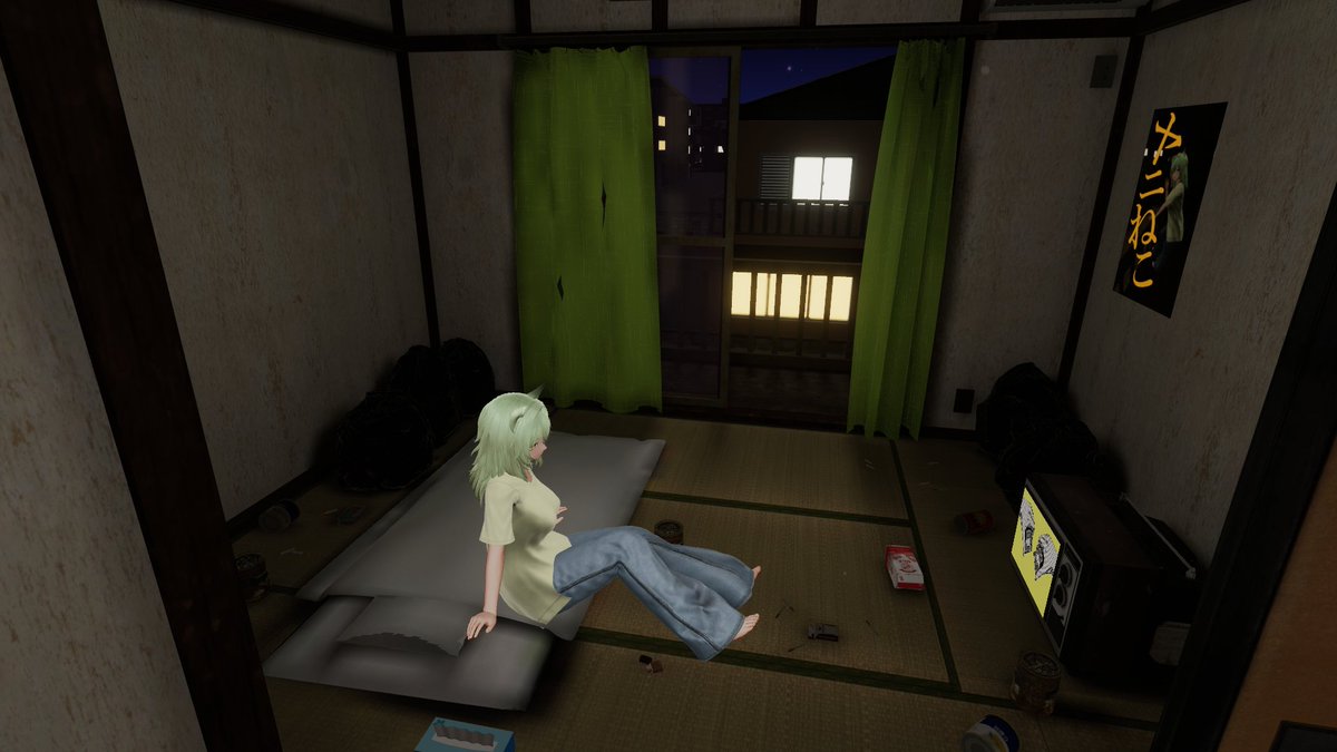 CHESED___'s tweet photo. #ヤニねこ #VRChat_world紹介 
『ヤニねこルーム』
を公開します

バスルーム、トイレまでヤニねこの部屋を再現したワールドです🐈
タバコギミックやお酒などもあります🚬
汚い部屋ですけど意外とくつろげるかも？

小ネタも隠されてるので探してみてください https://t.co/MzqWe1Uler