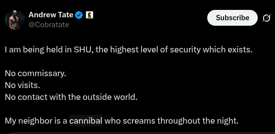 Daractenus's tweet photo. Perfectly understandable reaction to being locked in the same room overnight with one of the Tate brothers.

My deepest sympathies to the cannibal. https://t.co/NjGdSjfxCF