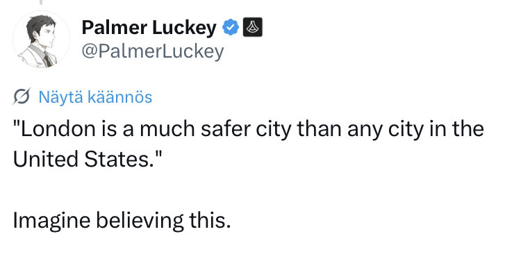 joni_askola's tweet photo. Imagine not believing this just because you refuse to look at data. 

London is much safer than any major city in the US https://t.co/5lhTGiE9RA