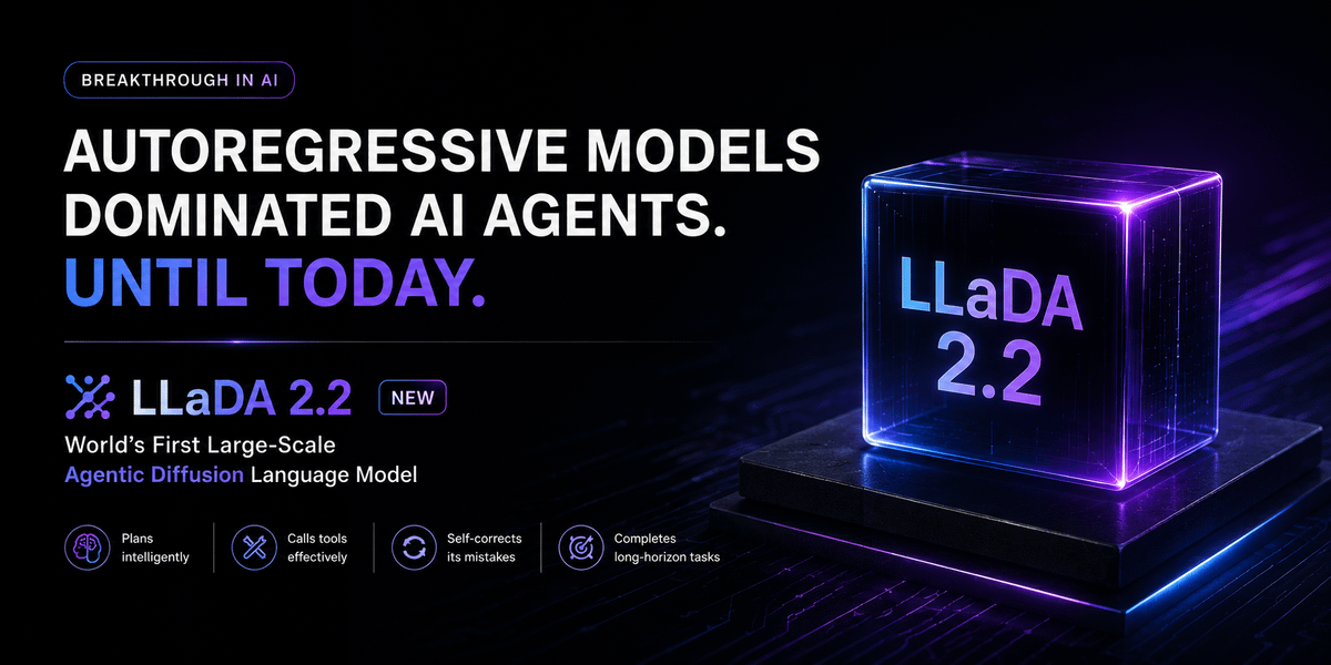 Parul_Gautam7's tweet photo. Autoregressive models have dominated AI agents for years.

LLaDA2.2 changes that.

It's the world's first large-scale agentic diffusion language model built to plan, use tools, self-correct, and complete long-horizon tasks while keeping the speed advantages of diffusion models.

Here's why it matters. 🧵