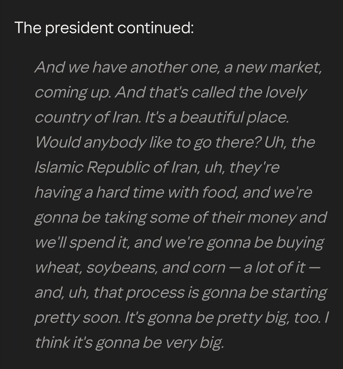 NebraskaSower's tweet photo. @RichardPiersol @SenatorRicketts @SenatorFischer @NEFarmBureau @TeamPillen
“We have another one, a new market coming up, and that’s called the lovely country of #Iran. It’s a beautiful place. Would anybody like to go there?
President Donald J. Trump
June 25, 2026
#farmers #MAHA #agchat #trade https://t.co/oAuL3gI5eu