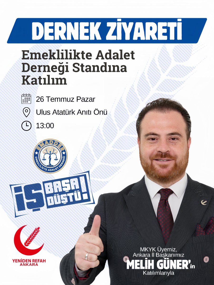 rprefahankara's tweet photo. Ankara İl Başkanımız ve Toplumsal Mağduriyetler Kurulu Başkanımız Melih Güner;

Yarın saat 13:00’da EMADDER standını ziyaret edecektir.

@EmadDernegi @melihguuner https://t.co/E0IyDXv453