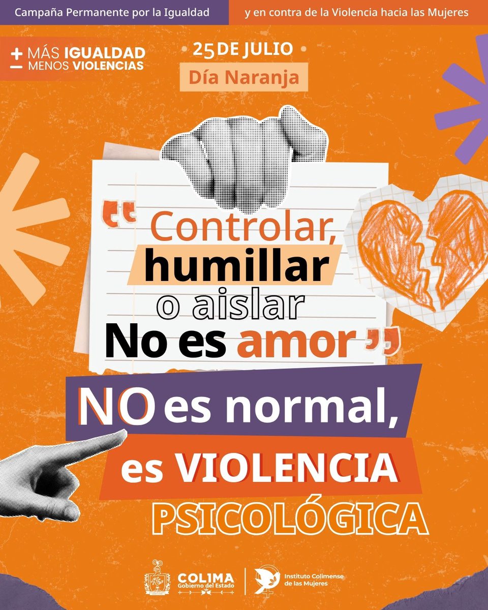 gobiernocolima's tweet photo. 🧡#DíaNaranja 
La violencia psicológica puede manifestarse de muchas formas: descalificaciones, amenazas, control, aislamiento, manipulación o humillaciones. Identificar estas conductas es el primer paso para prevenirlas y romper el ciclo de la violencia.
 
Construyamos relaciones basadas en el respeto, la igualdad y una vida libre de violencias para todas las mujeres. 👩🏻✨
 
#NoEsNormalEsViolencia #MasIgualdadMenosViolencias #ColimaSeTransforma