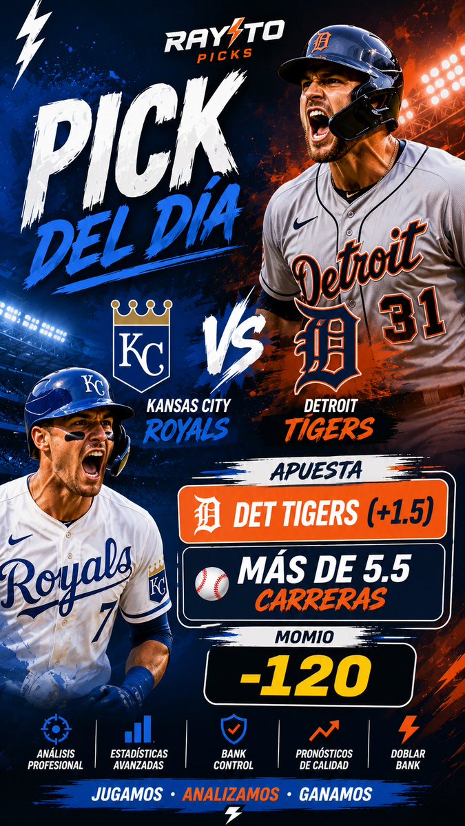 ApuestasRayito's tweet photo. Kansas City Royals 🆚 Detroit Tigers

⚾️ Detroit Tigers (+1.5)
📊 Más de 5.5 carreras
📈 Momio: -120

💰 Una combinación sólida para abrir la jornada de MLB.

#RayitoPicks #MLB #DetroitTigers #KansasCityRoyals #ApuestasDeportivas #SportsBetting #Beisbol #Momios #PickDelDía https://t.co/5NyyUFHKEf
