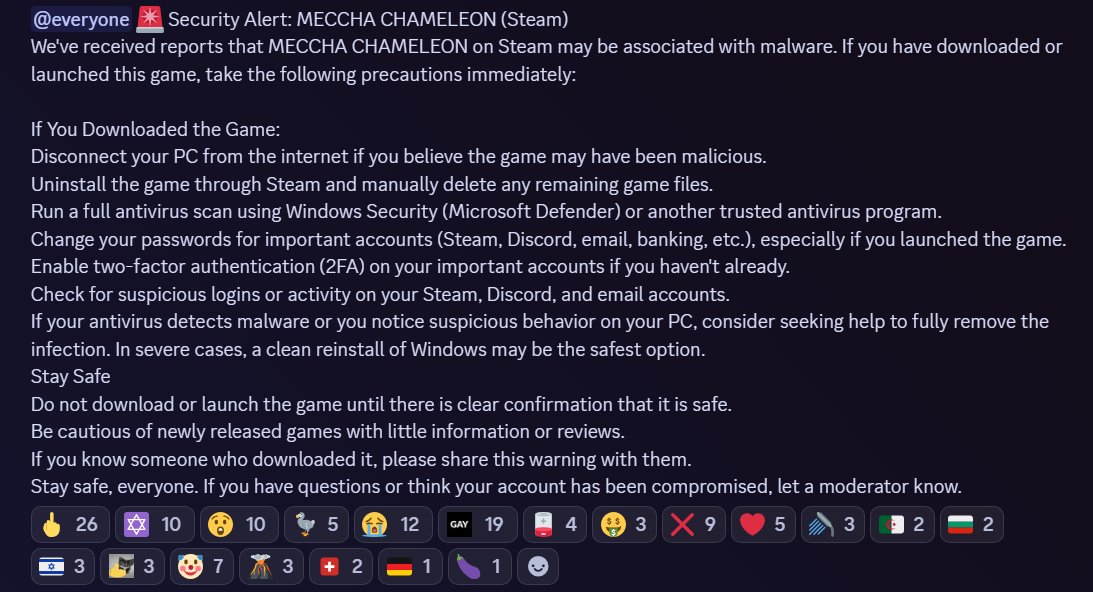 eqwsfk's tweet photo. Please be warned that the Meccha Chameleon Discord server has been compromised. The game itself does not currently contain malware anymore an earlier issue was removed and has since been resolved. DO NOT TRUST THESE PEOPLE (they deleted channels so they can get rid of messages) https://t.co/4EMmb17YfE