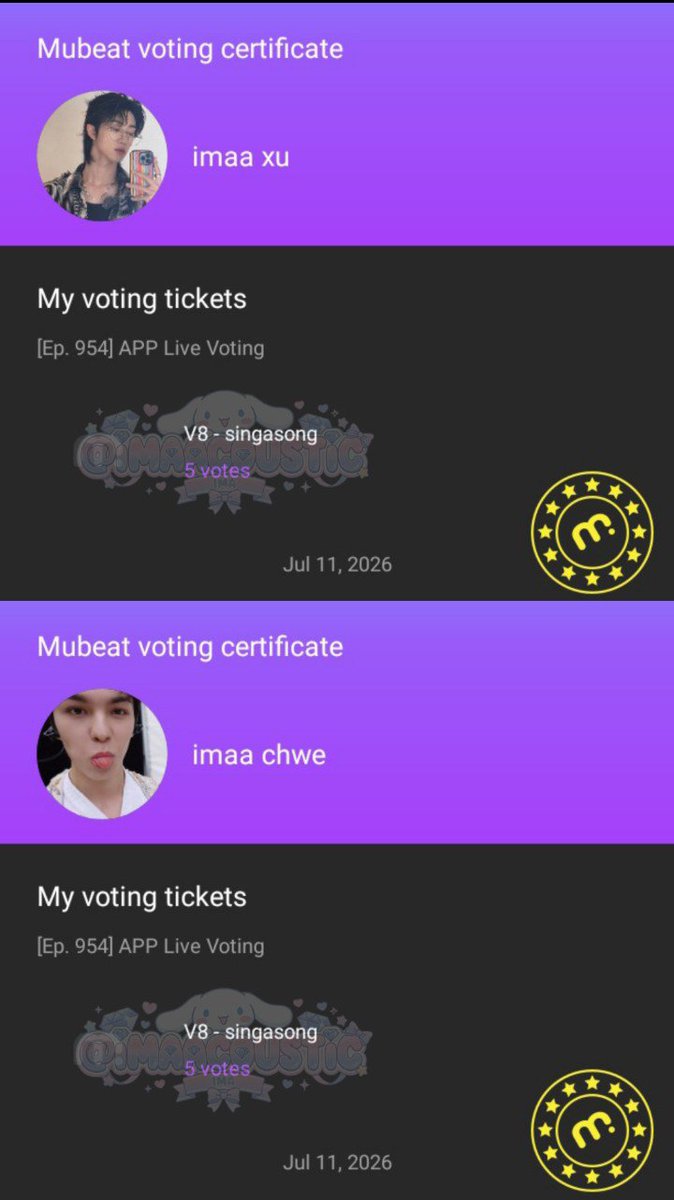 imaacoustic's tweet photo. [late post]
Show! Music Core Ep.954 | APP Live Voting
2026.07.11

have dropped some votes for #V8 - #singasong https://t.co/RhQ3kxK7Dp