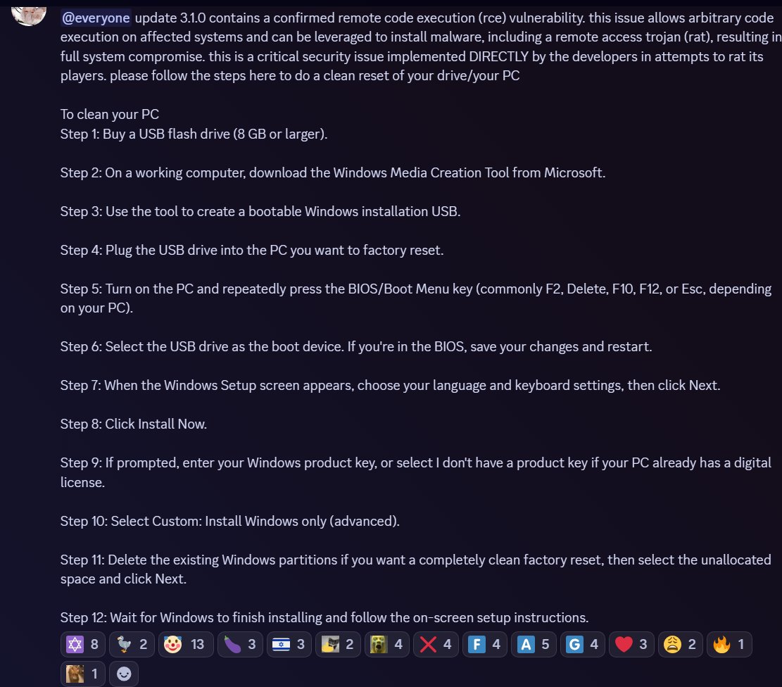 eqwsfk's tweet photo. Please be warned that the Meccha Chameleon Discord server has been compromised. The game itself does not currently contain malware anymore an earlier issue was removed and has since been resolved. DO NOT TRUST THESE PEOPLE (they deleted channels so they can get rid of messages) https://t.co/4EMmb17YfE