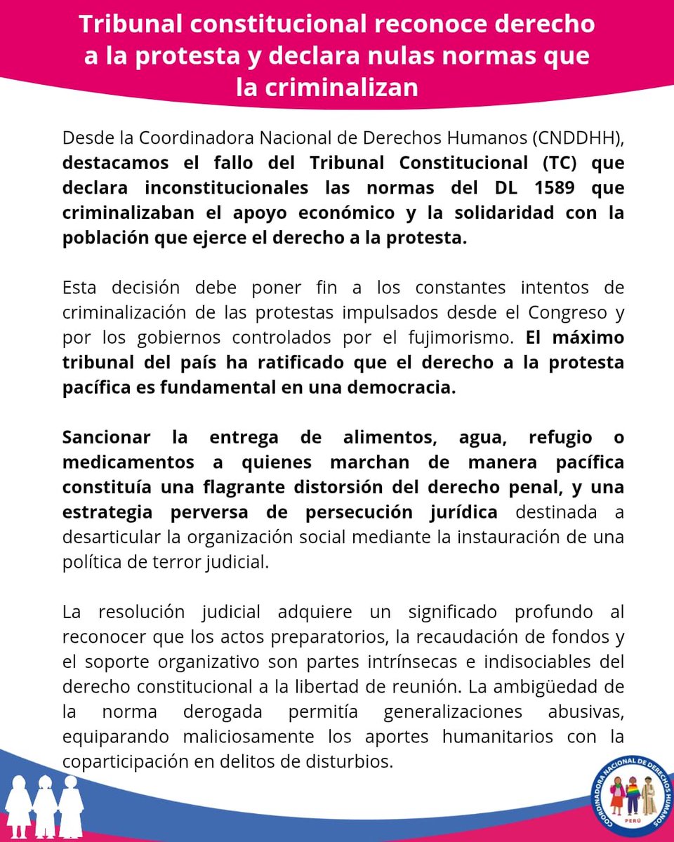 cnddhh's tweet photo. 🚨 #Pronunciamiento | Destacamos el fallo del Tribunal Constitucional que declara inconstitucional la criminalización del apoyo solidario a la protesta (DL 1589). ⚖️🇵🇪

​La resolución establece que la ayuda humanitaria y el soporte organizativo son partes protegidas por el derecho a la libertad de reunión. Corresponde el archivo inmediato de las investigaciones fiscales iniciadas bajo esta norma.

​Exigimos el respeto irrestricto a las garantías procesales y al derecho a la protesta en el país.

​📄 Pronunciamiento oficial 👇

​#DerechosHumanos #EstadoDeDerecho