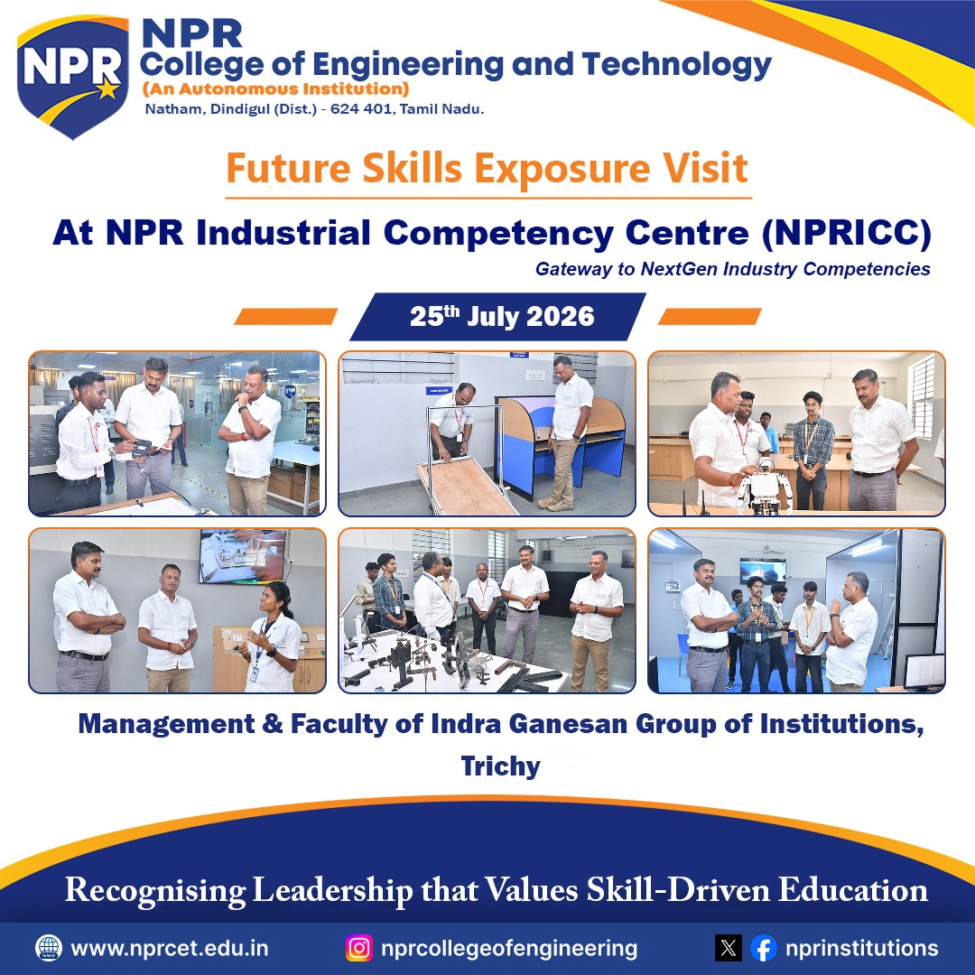 nprinstitutions's tweet photo. Welcoming academic leaders to NPRICC! On July 25, 2026, we hosted the Management & Faculty of Indra Ganesan Group of Institutions, Trichy, for a Future Skills Exposure Visit. Recognising leadership that values skill-driven education! π€βοΈ
#NPRCET #FutureSkills #NPRICC https://t.co/bkpd0uuRoT