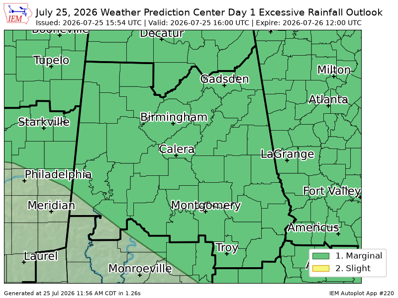 davewilson205's tweet photo. WPC issues Day 1 Marginal Risk Excessive Rainfall Outlook at Jul 25, 15:54z for BMX https://t.co/kNlVQMoZ8t https://t.co/wWno87OI5Z