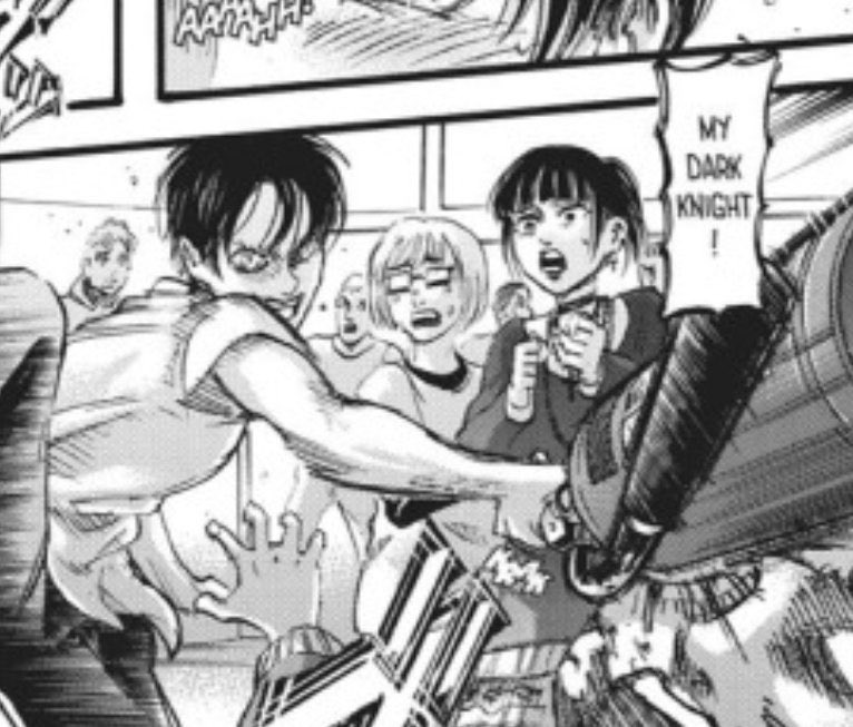 mikasababymama_'s tweet photo. Yeah there’s no official source that Eren prefers men over Mikasa bc one is a preview for comedic effect while normie Eren canonically has a crush on gothkasa and even wishes for her to call him “my dark knight.” What’s canon is that Eren falls for her in every universe. Repeats. https://t.co/fDFdhUmPBR