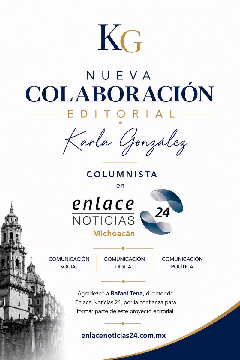 KarG2410's tweet photo. Muy contenta de compartirles que, a partir de esta semana, me incorporo como columnista de Enlace Noticias 24, un medio de comunicación digital de Michoacán que da seguimiento a la agenda pública, política, social y económica del estado, además de abrir espacios para el análisis y la opinión. 

Agradezco a Rafael Tena, director del medio, @Enlace_noti24 por la confianza para formar parte de este proyecto editorial.

A partir de ahora, cada miércoles compartiré una columna semanal sobre comunicación social, comunicación digital y comunicación política, con el propósito de aportar herramientas, análisis y reflexiones que ayuden a comprender mejor el papel estratégico de la comunicación en la vida pública y organizacional.

Espero que me acompañen en esta nueva etapa.

Nos leemos cada miércoles en Enlace Noticias 24.

🌐 https://t.co/U3jXy40Rw5