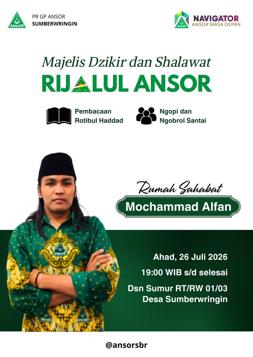 ansorsbr's tweet photo. Kegiatan Rutin Majelis Dzikir dan Shalawat Rijalul Ansor

📅 Ahad, 26 Juli 2026
🕖 19.00 WIB - selesai
📌 Rumah Sahabat Mochammad Alfan
📗 Pembacaan Rotibul Haddad, Ngopi dan Ngobrol Santai https://t.co/iCMUJIg0Id