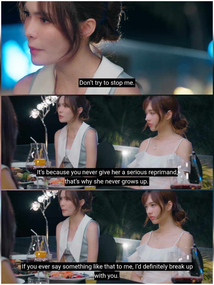 SooyasTurtle's tweet photo. I said it multiple times and I'm gonna say it again: 

Chonlada was and continues to be my favorite character in 4elements universe.  Aside from her outstanding gaydar and weirdly correct girl math, she also possesses the most beautiful mind (and face).  

I'm so glad she called out not only Fai for insulting Kaphrao, but also her wife and her cousins for never correcting Fai's behavior. 

And her telling Nam that she will break up with her if she says something like that to her? Lada, get your well-deserved kisses from me, my love.💋 

#โซ่รักอัคนีตอนที่3