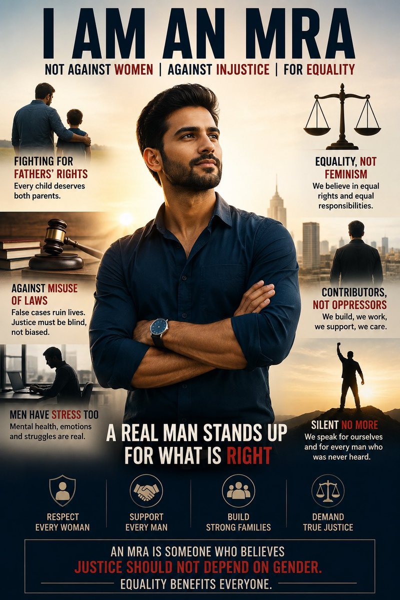 SamSiff's tweet photo. The Man Nobody Heard

He was told since childhood:

“A real man doesn’t cry.”
“A real man takes responsibility.”
“A real man protects everyone.”

So he did.

He studied hard, built a career, married the woman he loved, and believed life would reward sincerity.

It didn’t.

Arguments turned into allegations.

His parents, who had spent their lives raising him, suddenly stood outside a police station, terrified of being arrested.

His bank account became evidence.

His silence became an admission.

His tears became manipulation.

People who had never met him decided he was guilty because he was a man.

Friends disappeared.

Relatives advised him to “just pay and settle.”

The legal battle lasted years. Every hearing took away a little more of his savings, health, and hope.

The hardest part wasn’t the courtroom.

It was missing his child.

Birthdays passed through photographs.

School functions happened without him.

He became a father only on paper.

One day, he searched online for answers and found a group of strangers who understood exactly what he was going through.

They didn’t promise miracles.

They listened.

They explained the law.

They stood beside him when everyone else had walked away.

For the first time in years, he didn’t feel alone.

He rebuilt his life—not because the system became fair overnight, but because he found the strength to keep fighting.

His story isn’t unique.

That is the tragedy.

Across the country, thousands of men silently fight legal battles, parental alienation, financial ruin, and social stigma, often with no one asking a simple question:

“What if he’s telling the truth?”

An MRA is not someone who hates women.

An MRA is someone who believes that justice should not depend on gender.

Because equality loses its meaning the moment empathy is reserved for only one side.