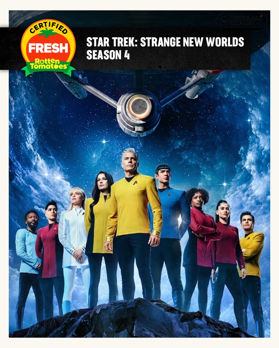 RottenTomatoes's tweet photo. #StarTrek: Strange New Worlds Season 4 is officially Certified Fresh at 80% on the Tomatometer, with 25 reviews: https://t.co/T59fyqaU7W https://t.co/TclDZPHica