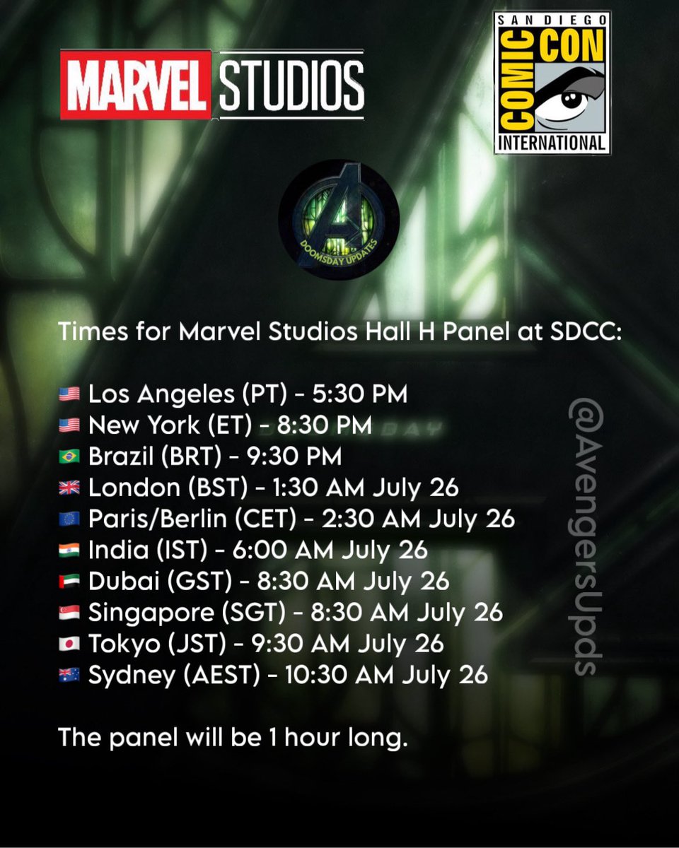AvengersUpds's tweet photo. Times for Marvel Studios' Hall H panel at #SDCC.

There will be 397 VIP seats reportedly reserved for Marvel guests. And more than 30 actors will reportedly appear.
Celebrities like Denzel Washington, Michael Mando, and Sadie Sink were reportedly spotted in San Diego. https://t.co/dxFR8Z6KXz