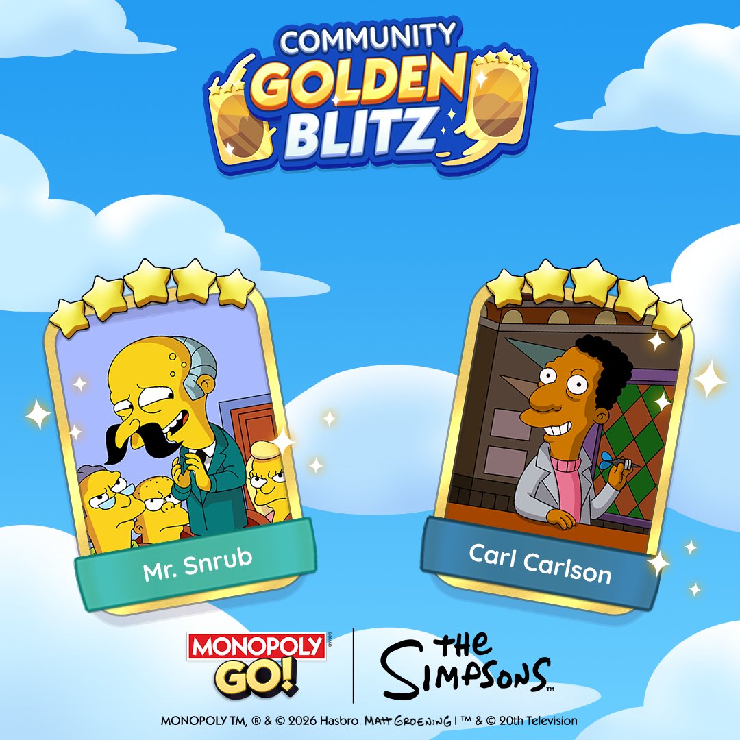 MonopolyGO's tweet photo. Tycoons, unite! The Community Golden Blitz is LIVE. Trade the Gold Stickers YOU voted for:

Carl Carlson from Set 18
Mr. Snrub from Set 21

Help each other out and drop your trades in the comments! 👇 https://t.co/QZkA17mn6l https://t.co/vtsieKHrKb
