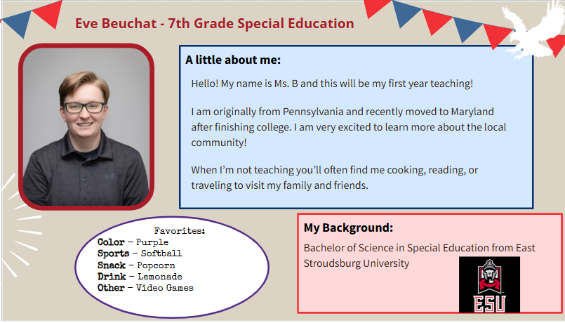 MacArthurAACPS's tweet photo. 🦅❤️🤍💙 Welcome Ms. B, our new 7th Grade Special Education teacher! A first-year teacher new to Maryland, she is excited to join the MacArthur community and support our Eagles. 🦅
#IBworldschool #aacpsawesome #belonggrowsucceed https://t.co/oUlrdgb2us