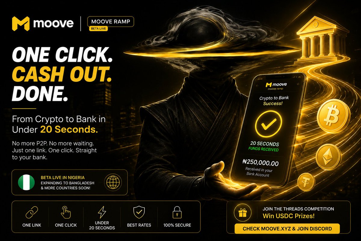 MDAMMiraj1's tweet photo. The biggest challenge in crypto isn't earning.

It's turning your crypto into real money—quickly, safely, and without the usual P2P hassle.

That's why @moovexyz Moove Ramp stands out. 💛

⚡ In Nigeria, the beta is already showing what's possible, with users cashing out directly to their bank accounts in under 20 seconds.

And this is just the beginning.

Moove plans to bring the same seamless off-ramp experience to Bangladesh and many other countries, making it easier for freelancers, creators, and everyday users to move between crypto and local currency.

No endless negotiations.
No confusing steps.
Just a smoother way to access your money.
This is the kind of real-world utility Web3 needs.
Your Money. Your Move. 💛