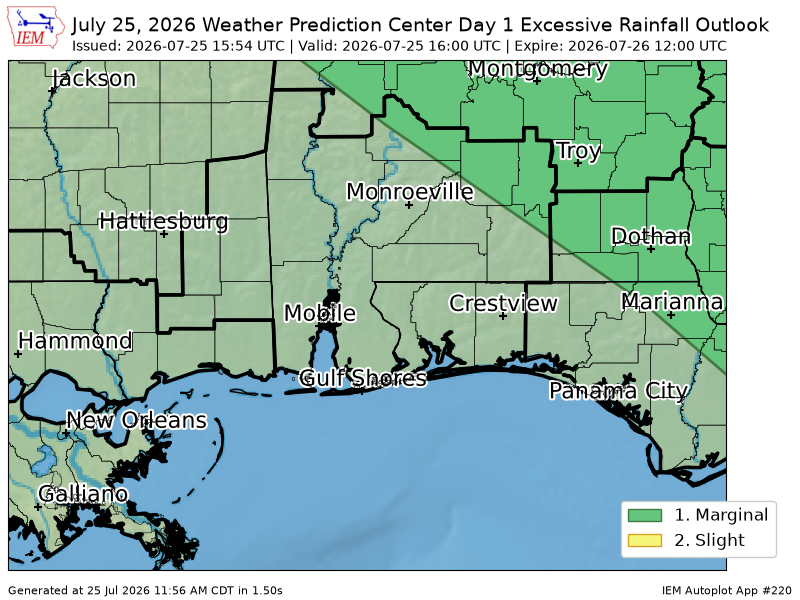 davewilson205's tweet photo. WPC issues Day 1 Marginal Risk Excessive Rainfall Outlook at Jul 25, 15:54z for MOB https://t.co/kNlVQMoZ8t https://t.co/9UzZGNO23u