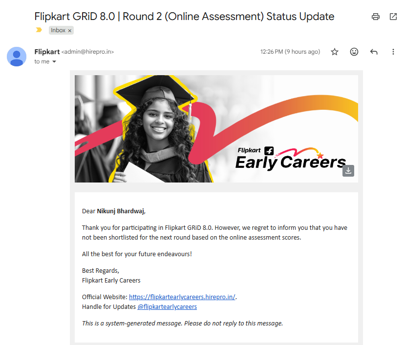 knee_kunzz's tweet photo. Hi @X Family

@Flipkart GRiD 8.0 update: cleared R1 ✅, R2 didn't go my way 💀
1 Q solved clean, rest got wrecked by compilation errors + bad time management
Lesson learnt, prep mode: ON for next time 🔥 

#GRiD8 #flipkart https://t.co/NrHszRg1im
