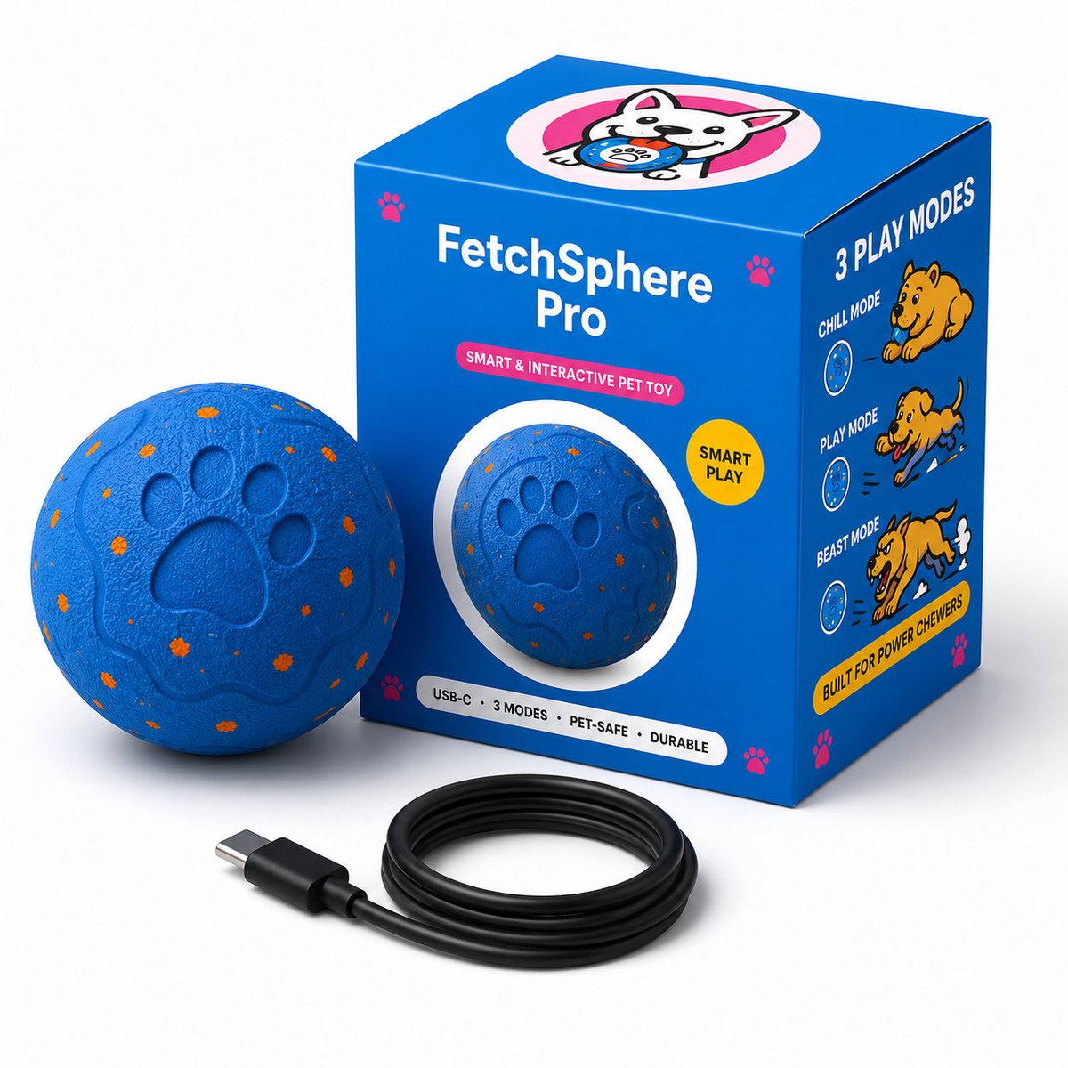 FetchSphere's tweet photo. The pink Pro, unboxed. Ball, USB-C cable, three modes, and a mascot who believes in your dog unconditionally. Link in bio. #fetchsphere #unboxing https://t.co/z7zXCmcE5O