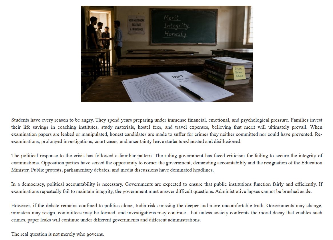 vaibhav_74's tweet photo. A paper leak doesn't just expose an examination system—it exposes the values of a society.

My latest article, "Beyond the NEET Paper Leak: A Crisis of Values, Not Just Governance," published in NoCaps, argues that this debate goes far beyond politics. If we want to protect merit, we must rebuild integrity across our institutions.

Would love to hear your perspective after reading it.

#NEET #PaperLeak #Education #EducationReform #BuildIndia