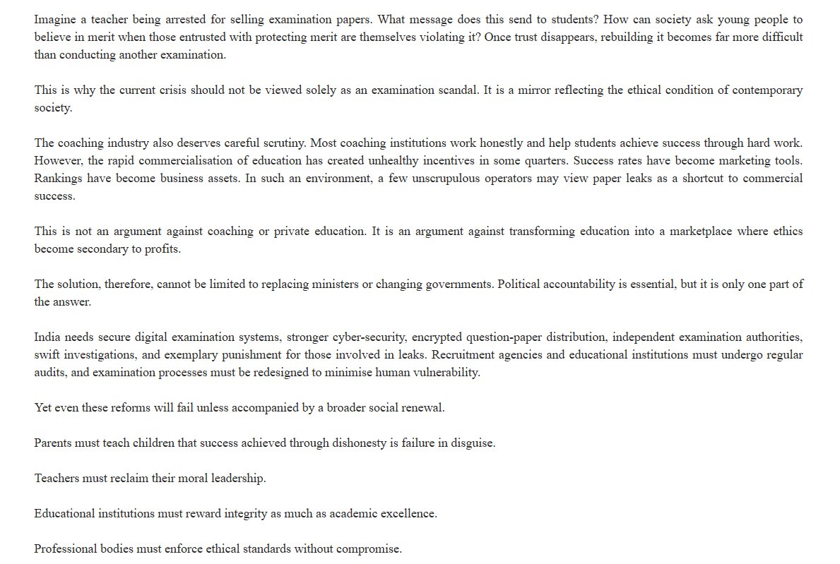 vaibhav_74's tweet photo. A paper leak doesn't just expose an examination system—it exposes the values of a society.

My latest article, "Beyond the NEET Paper Leak: A Crisis of Values, Not Just Governance," published in NoCaps, argues that this debate goes far beyond politics. If we want to protect merit, we must rebuild integrity across our institutions.

Would love to hear your perspective after reading it.

#NEET #PaperLeak #Education #EducationReform #BuildIndia