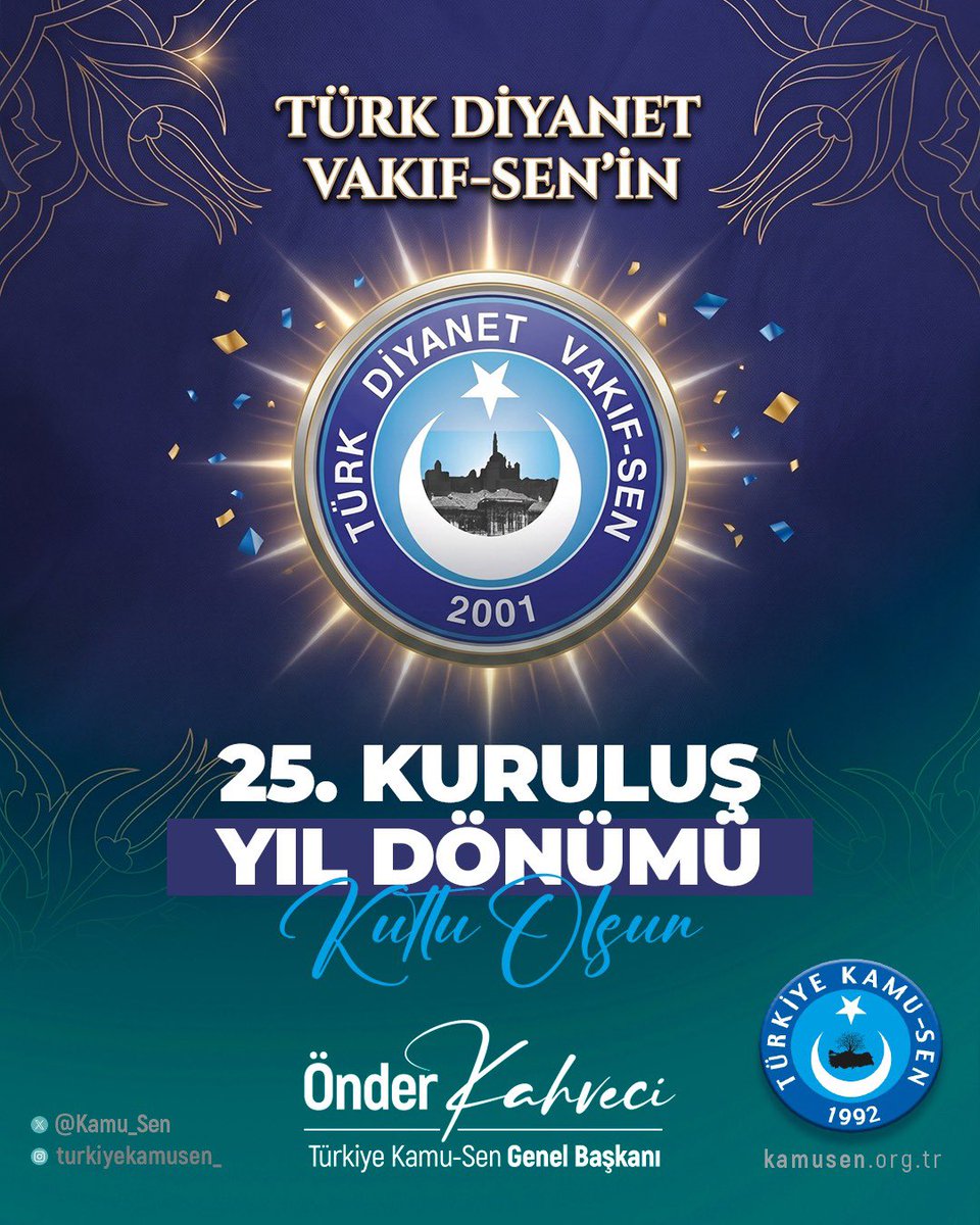 OnderKahveci's tweet photo. Diyanet ve Vakıf hizmet kolunda görev yapan kamu çalışanlarımızın öncü sendikası Türk Diyanet-Vakıf-Sen’in kuruluşunun 25. yılını kutluyorum.
@Kadirsahin701 
@tdvsgm2001 https://t.co/MOStpVKyeH
