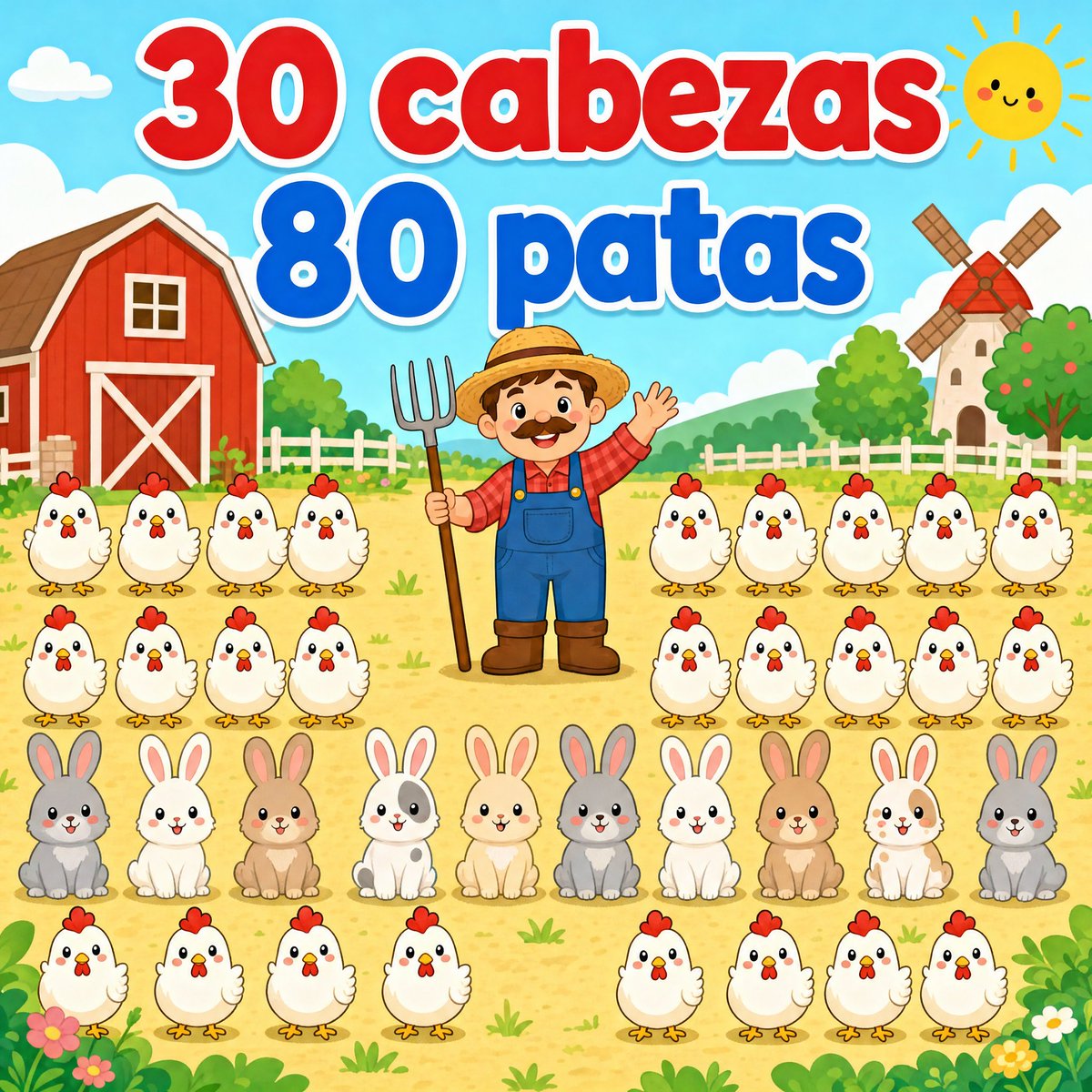 invictorgs3's tweet photo. 🌾 Un granjero tiene conejos y gallinas. Entre todos suman 30 cabezas y 80 patas. ¿Cuantos conejos y gallinas tiene? 🐔🐰 https://t.co/JQdcVJn85U
