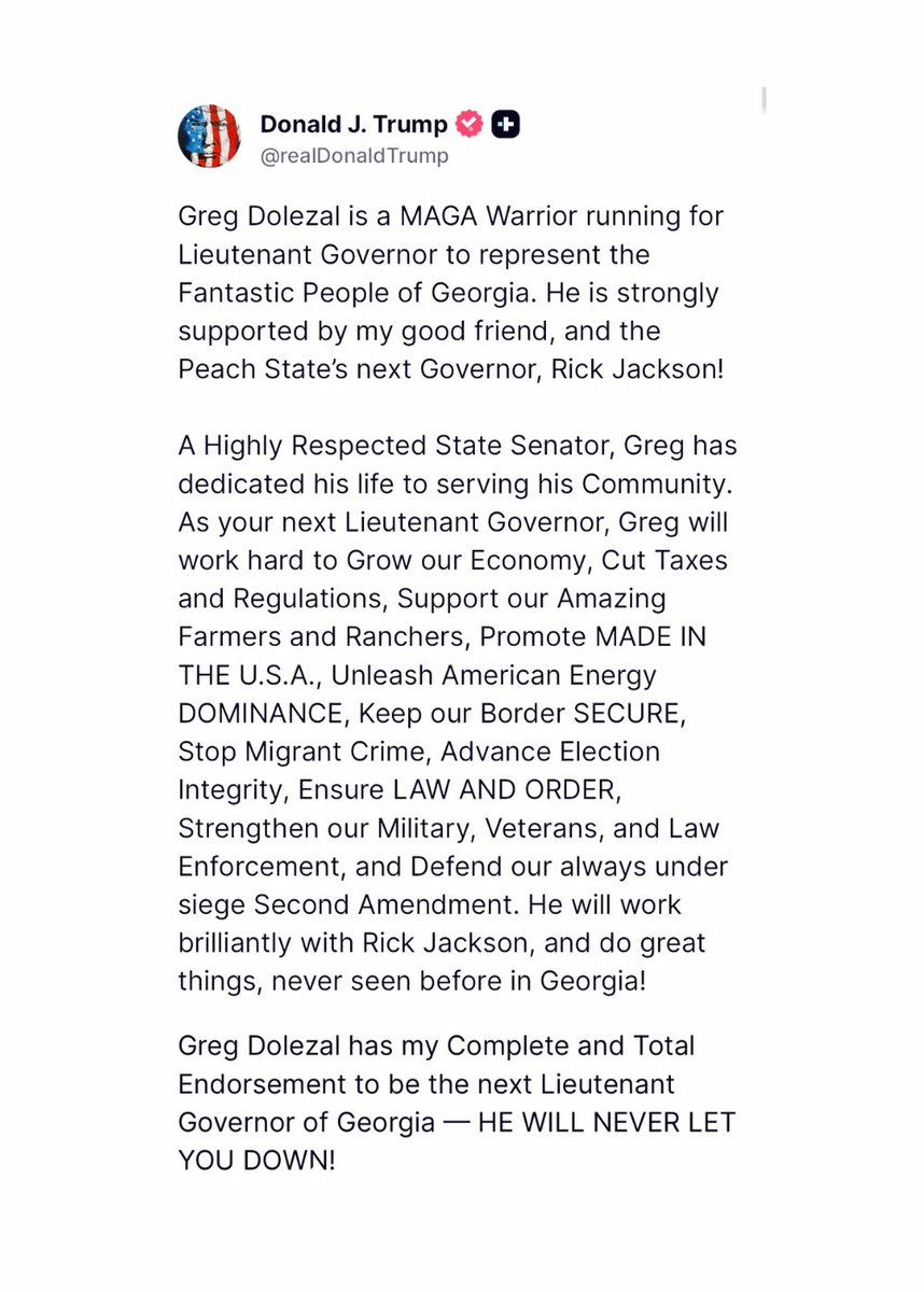 DolezalForGA's tweet photo. Thank you, President Trump, for your endorsement for Georgia Lt. Governor. I’m honored and humbled by your support.

Looking forward to working with Georgia’s next Governor Rick Jackson to deliver real results for our state! https://t.co/USxsKok88t