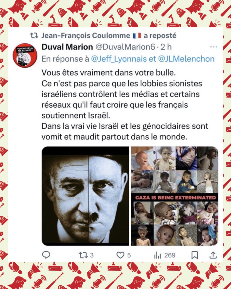 DantonQ5's tweet photo. @jfcoulomme Antisémite de merde, tu finiras en taule https://t.co/EBnGTQGP30