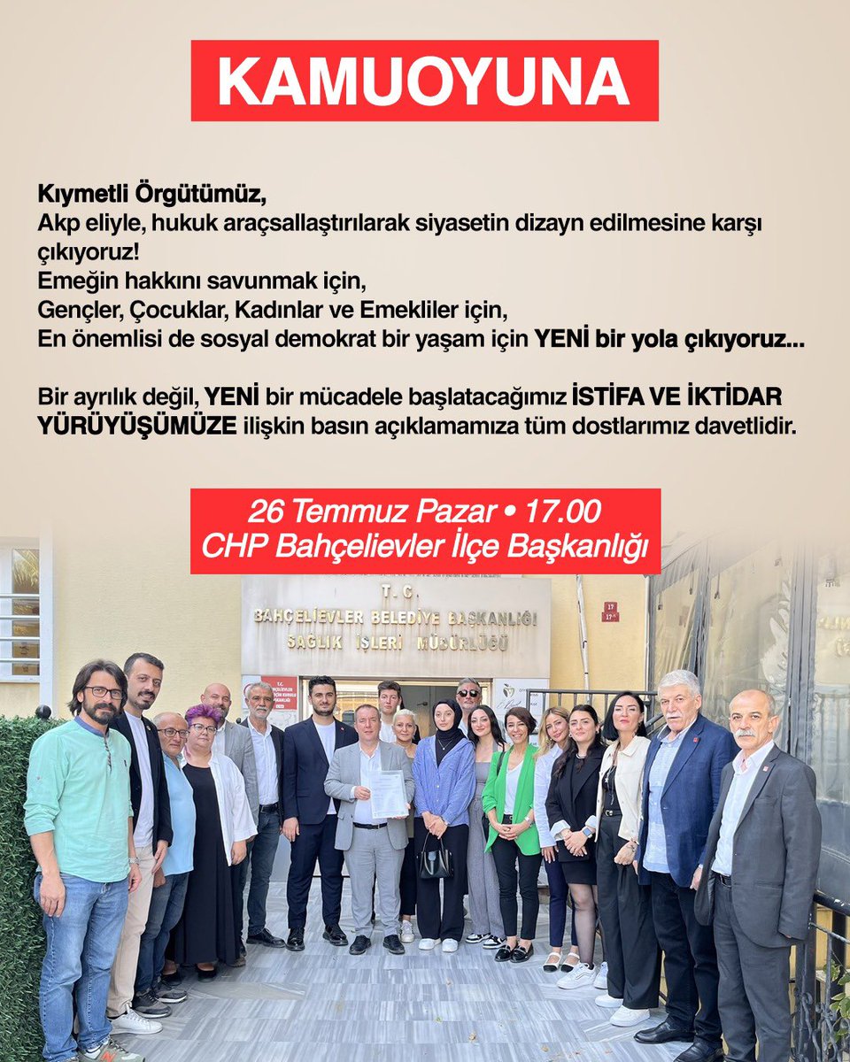 avdanisakpolat's tweet photo. Kıymetli Örgütümüz, 
Akp eliyle, hukuk araçsallaştırılarak siyasetin dizayn edilmesine karşı çıkıyoruz!
Emeğin hakkını savunmak için,
Gençler, Çocuklar, Kadınlar ve Emekliler için,
En önemlisi de sosyal demokrat bir yaşam için YENİ bir yola çıkıyoruz...

Bir ayrılık değil, YENİ bir mücadele başlatacağımız İSTİFA VE İKTİDAR YÜRÜYÜŞÜMÜZE ilişkin basın açıklamamıza tüm dostlarımız davetlidir.

🗓️ 26 Temmuz Pazar | 17.00
📍 CHP Bahçelievler İlçe Başkanlığı
