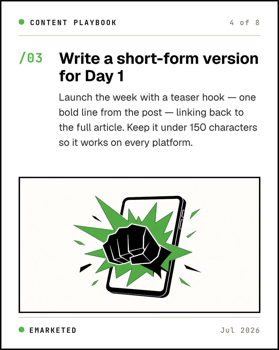 emarketed's tweet photo. One blog post = 5–8 content units. Strip it into core ideas, match each to a format, and you've got a full week of social — no new content required. #ContentStrategy https://t.co/XQwWRCRXw3
