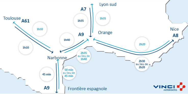 A9Trafic's tweet photo. #VINCIAutoroutes vous informe sur vos conditions de circulation, pour #BienVoyager. #Infotrafic à 19h00 ⏱️ Vos temps de parcours sur @A7Trafic, @A8Trafic, @A9Trafic et @A61Trafic. #A9 https://t.co/sIkdlWDizo