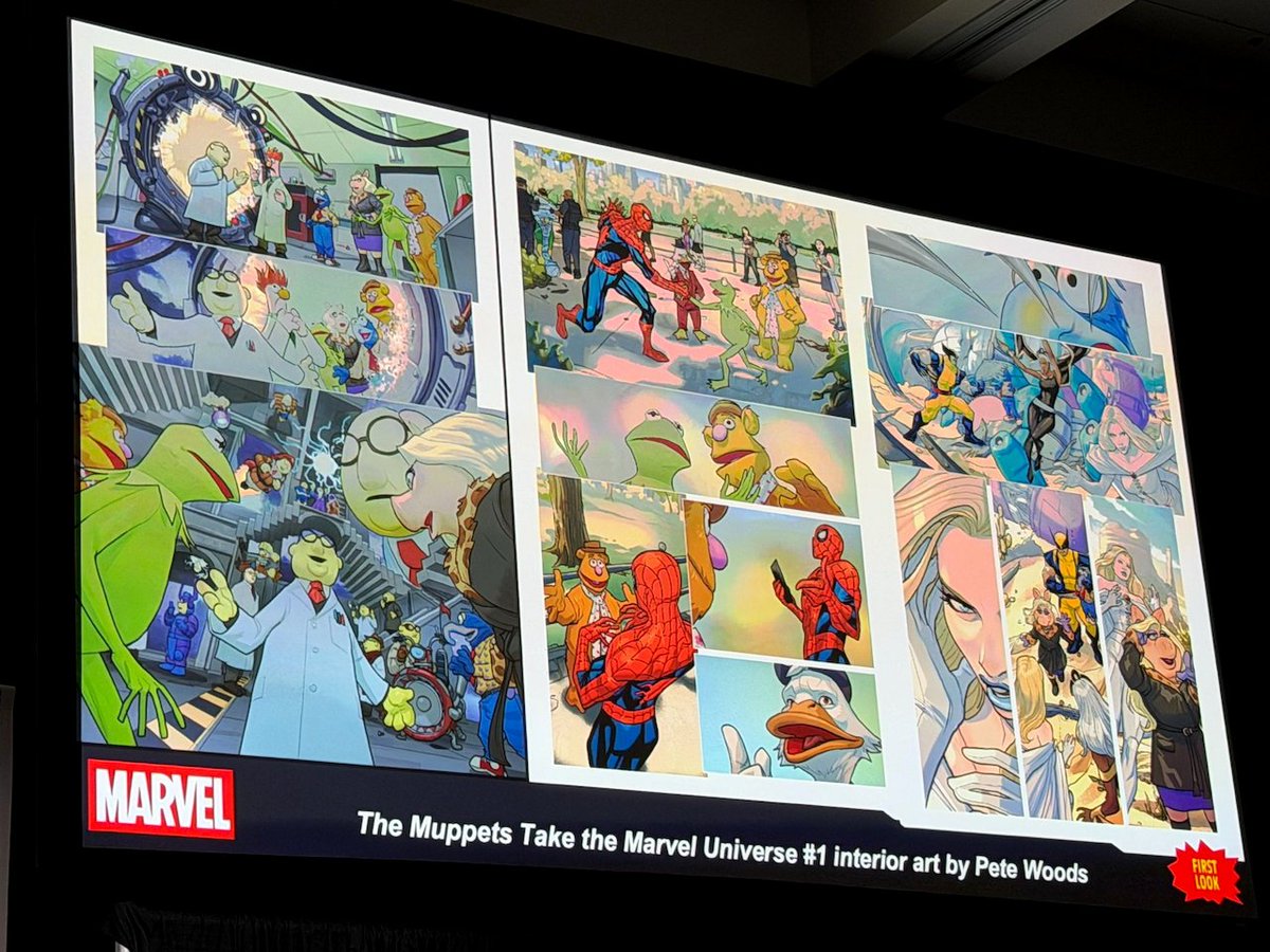 BoardwalkTimes's tweet photo. Kermit the Frog and Fozzie Bear talking to Spider-Man and Howard the Duck happens in THE MUPPETS TAKE THE MARVEL UNIVERSE #1. 

(@laughingplace | https://t.co/R0WjBQnLeJ) https://t.co/qHZzk2o4Y3